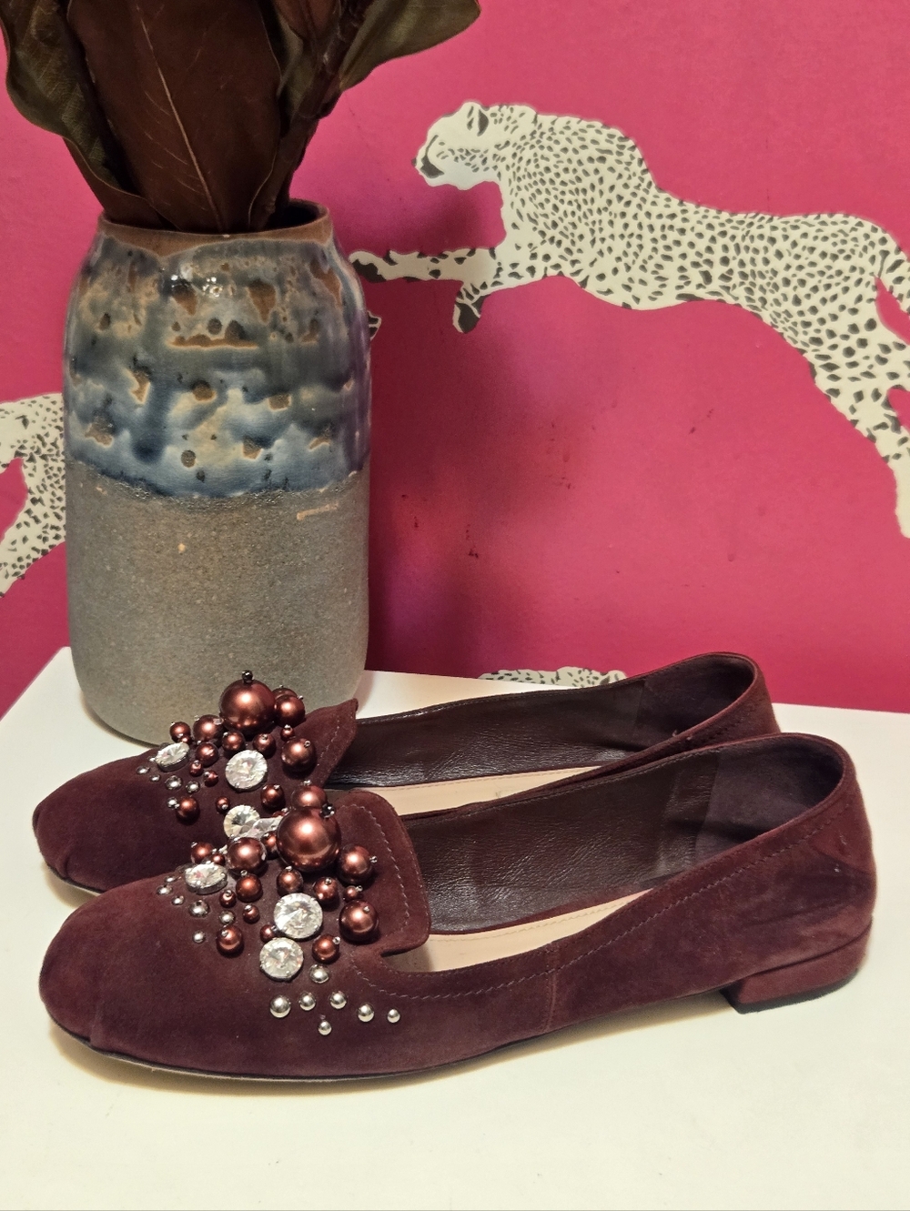 Miu Miu Embellished Burgundy Suede Women's Ballet Flats Loafers Size 40 IT 9 US - Picture 2 of 11
